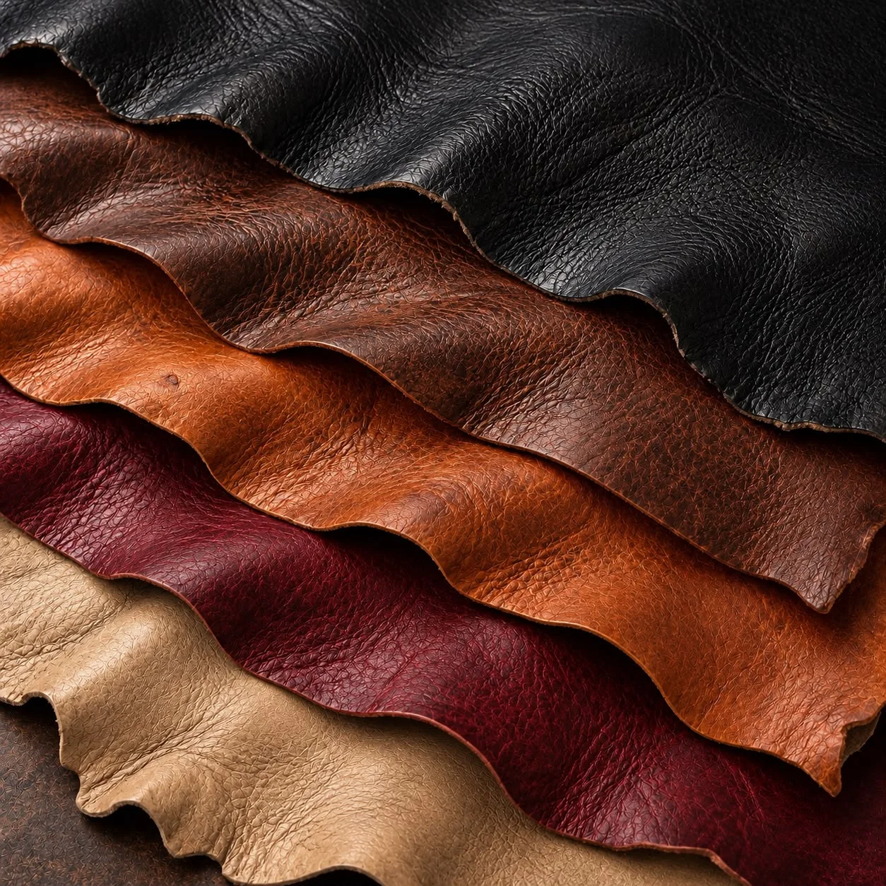 Finished cowhide leather in a range of example colours